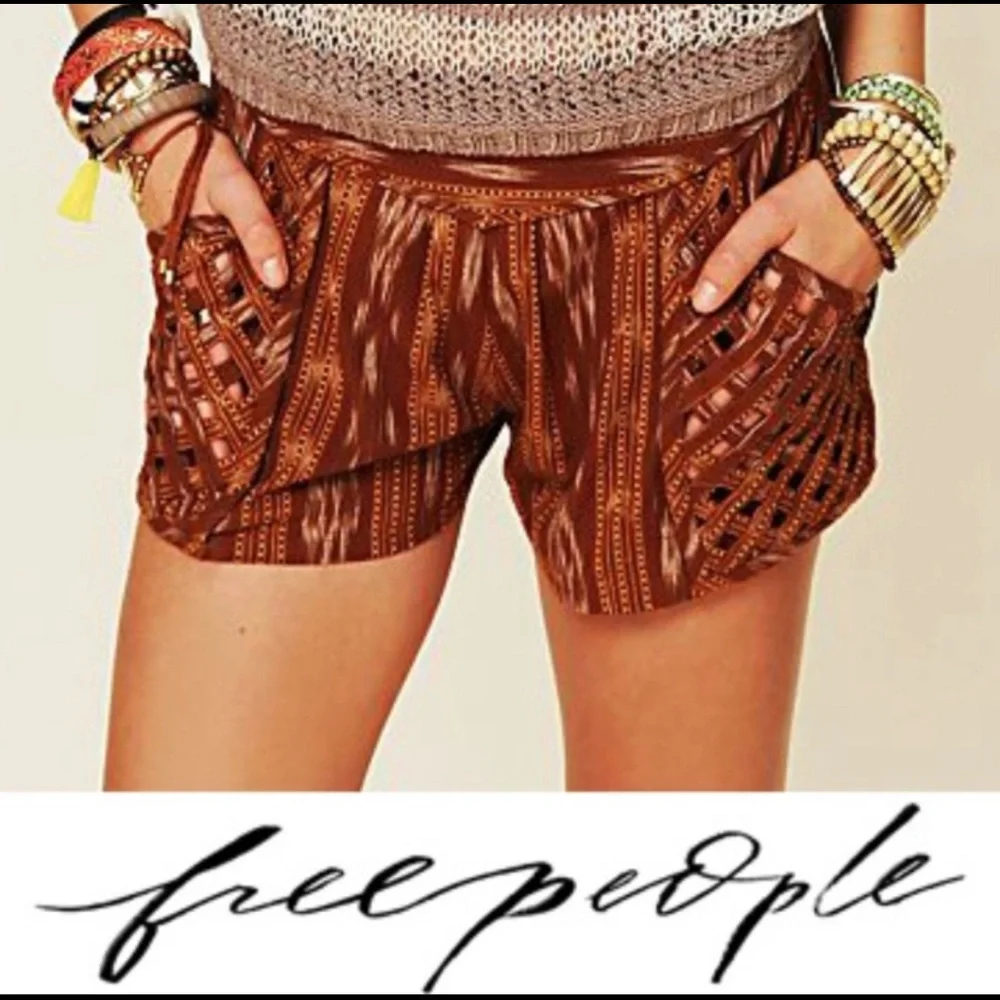SOLD •$128 Free People New Romantics Brown Tribal Lattice Shorts - Picture 2 of 12
